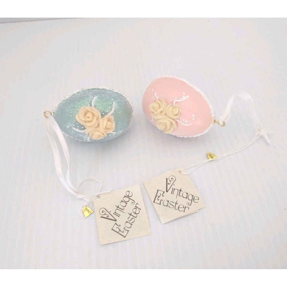 2 Victorian Style Decorated‎ Easter Eggs Ornaments White Roses Glitter Pink Blue